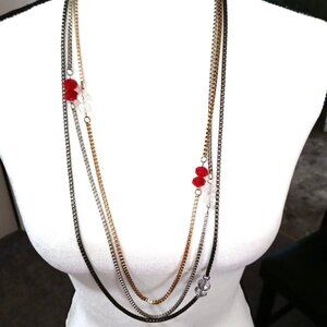 Multi Strand Beaded Chain Necklace Three Tone Metallic 35"